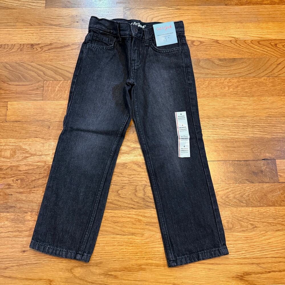 Cat & Jack Boys 4 Black Relaxed Straight Adjustable Waist Cotton Jeans Denim New